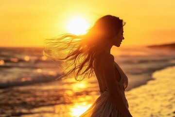 Serene Sunset Silhouette of a Woman on a Beach with Golden Waves and a Radiant Horizon