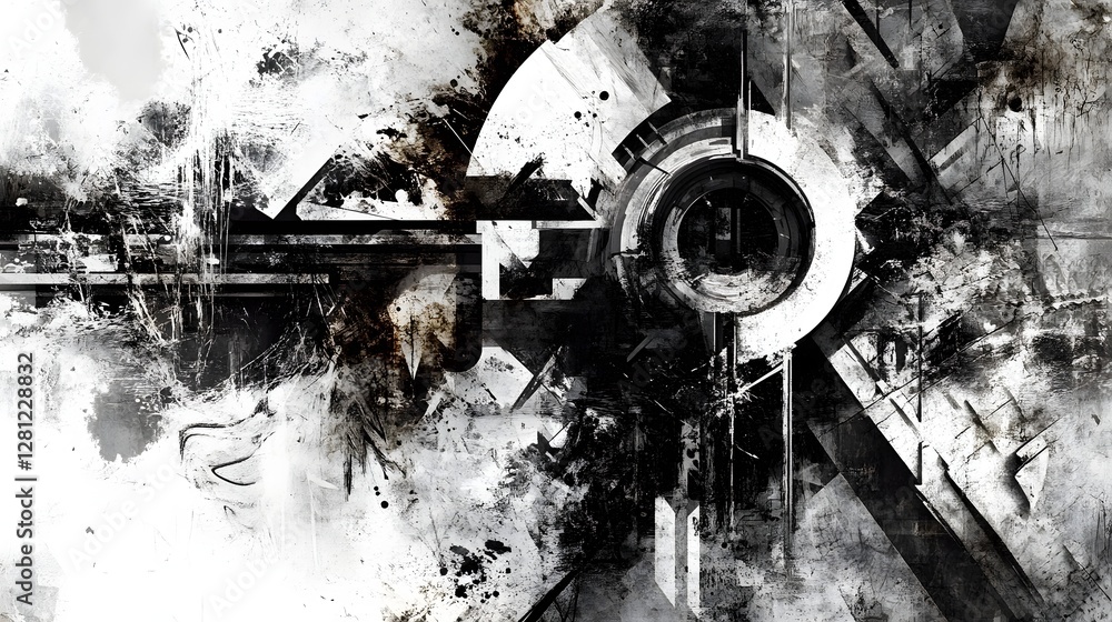 Poster Captivating surreal abstract digital artwork featuring bold geometric shapes contrasting lights and shadows creating a futuristic innovative and visually striking composition