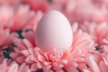 Obraz premium vibrant macro shot of dew-covered spring flowers surrounding single easter egg composition clean and spacious for overlays