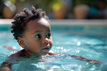 A baby is swimming in a pool