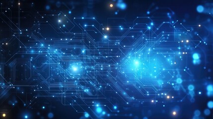 Technology-themed abstract background with neon lines, glowing connections, and data flow