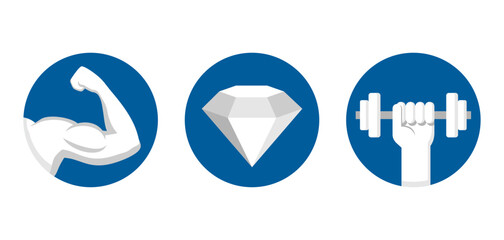 Hardness and strength icons set in circular shape