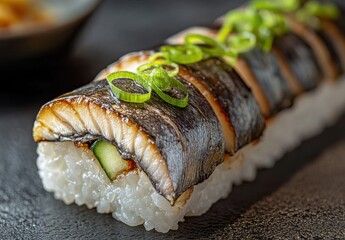 Fresh Sushi with Grilled Fish and Green Onion Garnish on a Dark Background, Perfect for Culinary and Japanese Cuisine Themes