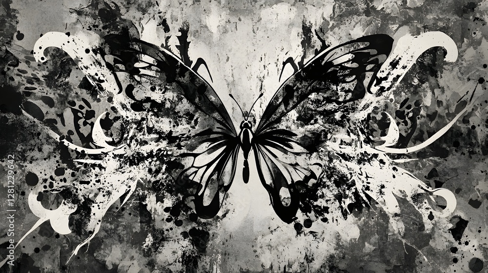 Leinwandbilder Captivating surreal butterfly abstract with a dynamic splash of grunge like paint effects and fluid ethereal motion in a striking monochromatic palette  A visually stunning imaginative