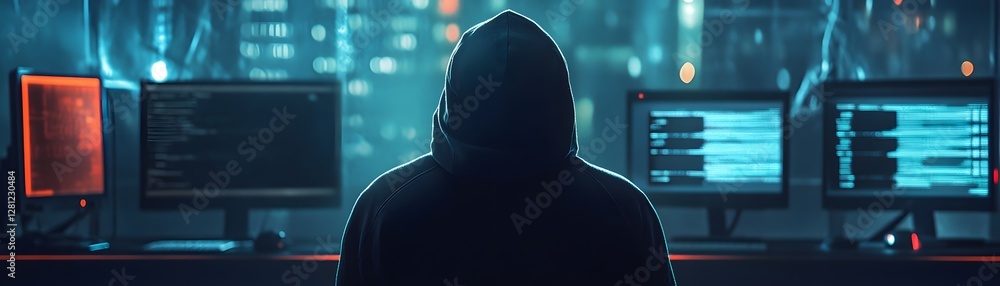 Poster a mysterious figure in a hoodie sits before multiple glowing computer screens, immersed in code. the