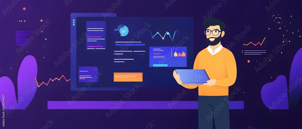 Poster a person holding a laptop, surrounded by digital graphs and data visualizations, showcasing modern d