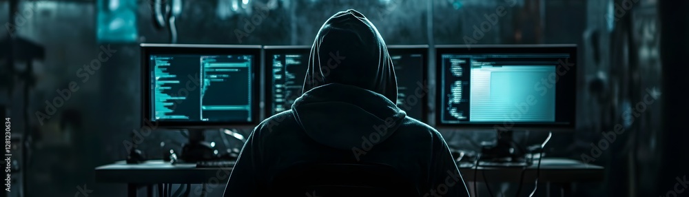 Poster a person in a hoodie sits in front of multiple glowing computer screens, immersed in coding and data