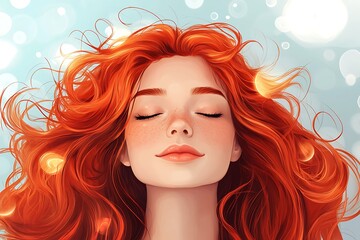 Dreaming redhead woman,  peaceful,  light blue background