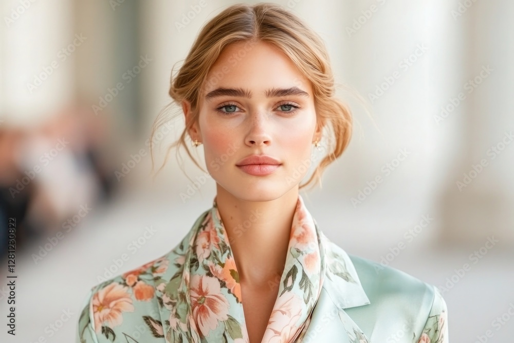 Poster elegant capture of runway model showcasing floral patterns and silk scarf soft-focus audience and dy