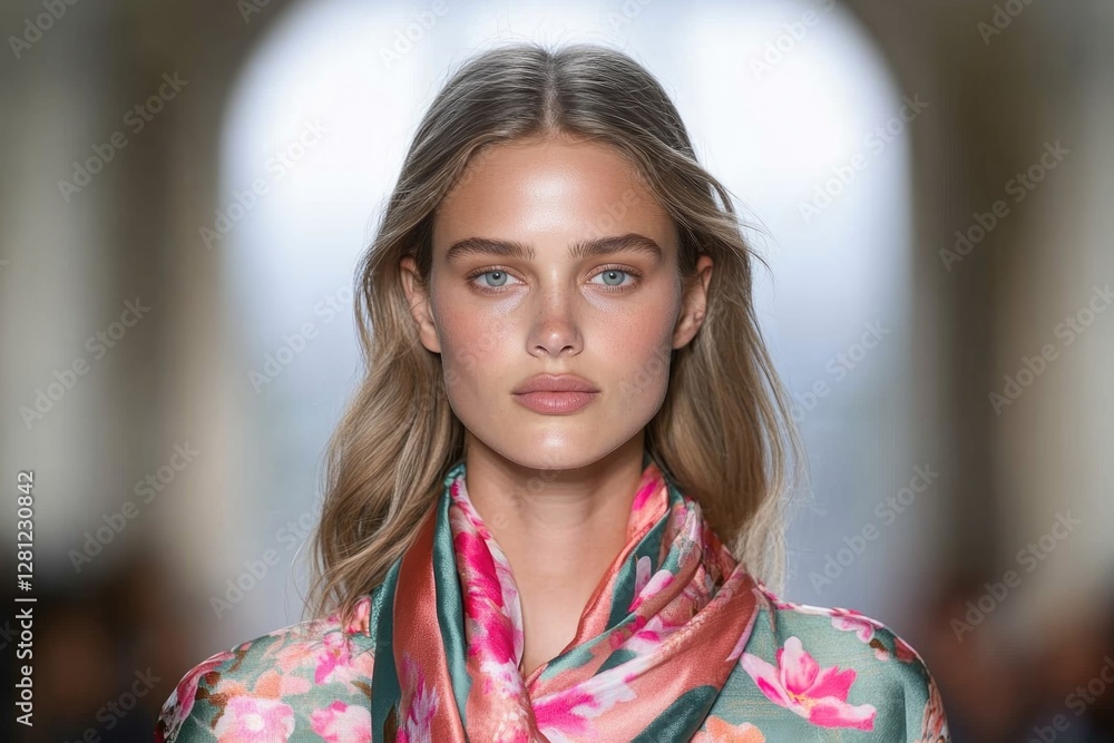 Poster elegant capture of runway model showcasing floral patterns and silk scarf soft-focus audience and dy
