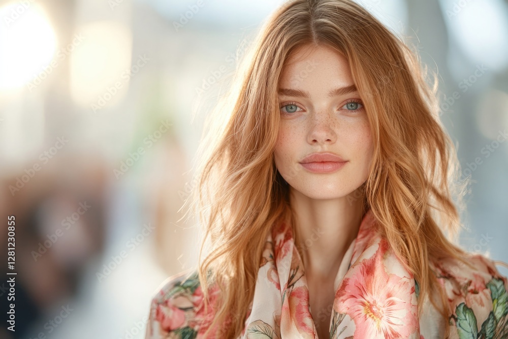 Poster elegant capture of runway model showcasing floral patterns and silk scarf soft-focus audience and dy
