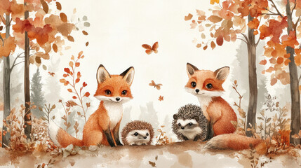 Cute animal wallpaper with watercolor-style foxes, owls, and hedgehogs scattered on a pastel background