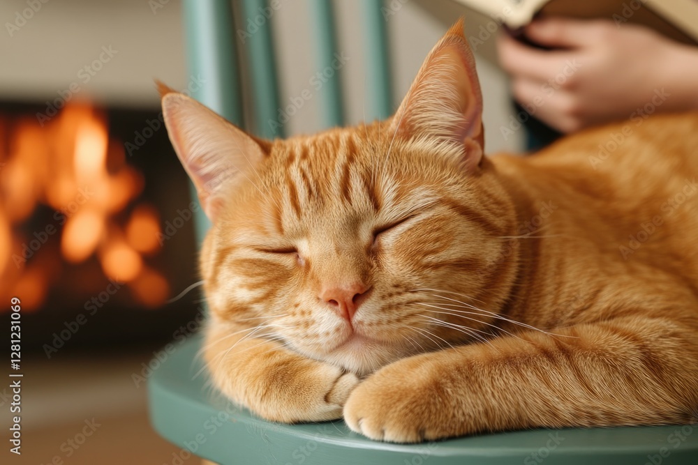 Poster engaging photo of cat curled up on chair by fire person reading book in background creating warm and