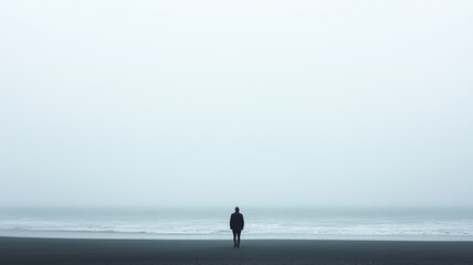solitary figure stands on vast, misty beach, gazing at endless ocean under cloudy sky, evoking sense of solitude and introspection