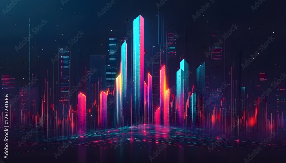 Poster a vibrant digital landscape showcasing colorful skyscrapers and dynamic light patterns, representing