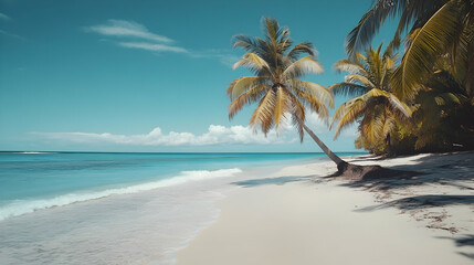Idyllic tropical beach paradise with turquoise water and leaning palm trees