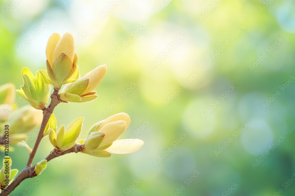Poster capture vivid close-up of budding spring flowers against soft-focus garden background with ample cop