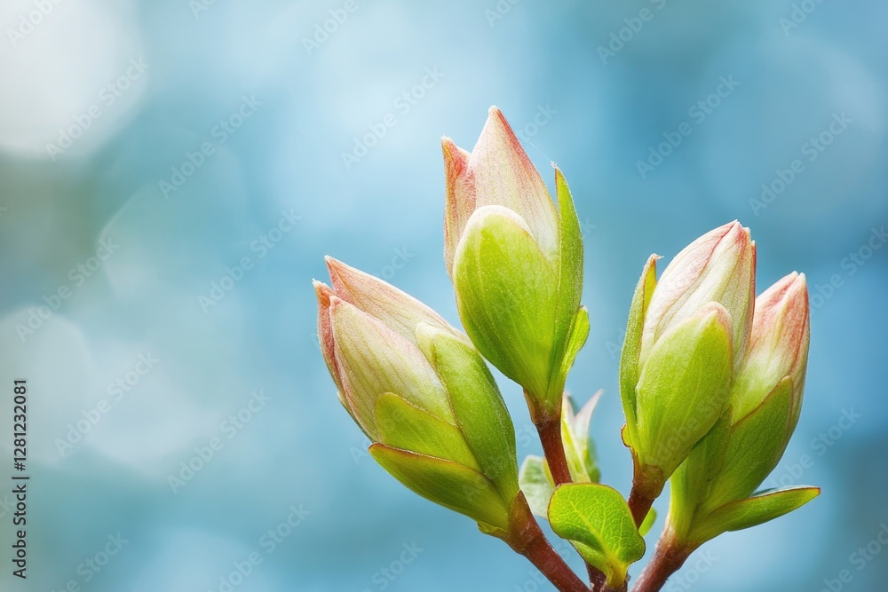 Poster capture vivid close-up of budding spring flowers against soft-focus garden background with ample cop
