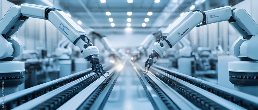 Poster advanced industrial robots working collaboratively in a modern manufacturing facility, showcasing au