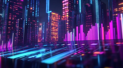 Neon Cityscape with Vibrant Data Visualizations