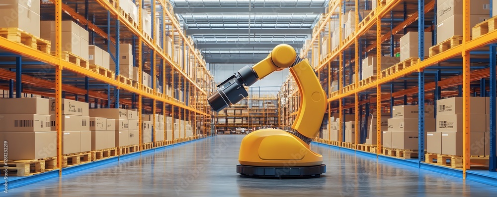Poster an advanced robotic arm in a modern warehouse, designed for efficient storage and retrieval of produ