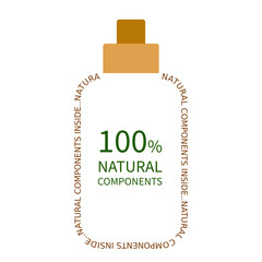 cosmetic bottle icon or sign, 100 percent natural components product stamp