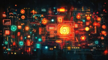 Obraz premium Technology-based abstract design with neon glowing symbols, circuit patterns, and digital elements 