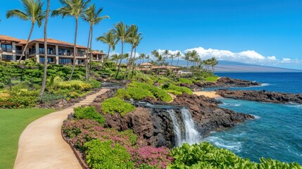 Obraz premium Luxury Hawaiian Resort with Ocean View and Waterfall