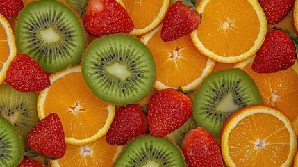 Naklejka premium Vibrant Slices of Fresh Kiwi Strawberry and Orange