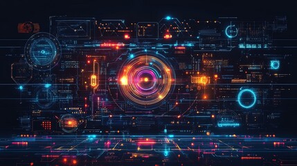 Fototapeta premium Technology-based abstract design with neon glowing symbols, circuit patterns, and digital elements 