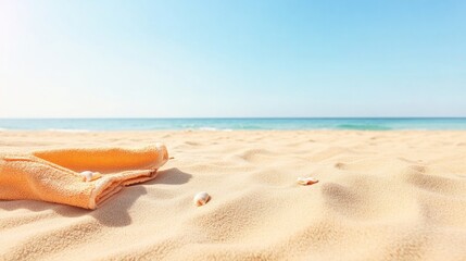 Obraz premium close-up of simple beach towel and flip-flops placed on warm golden sand lightly dusted with seashell fragments stretching
