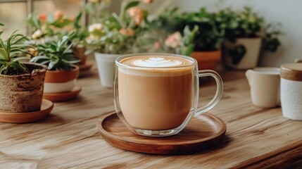 Steaming latte art, cafe, plants, wooden table, sunlight
