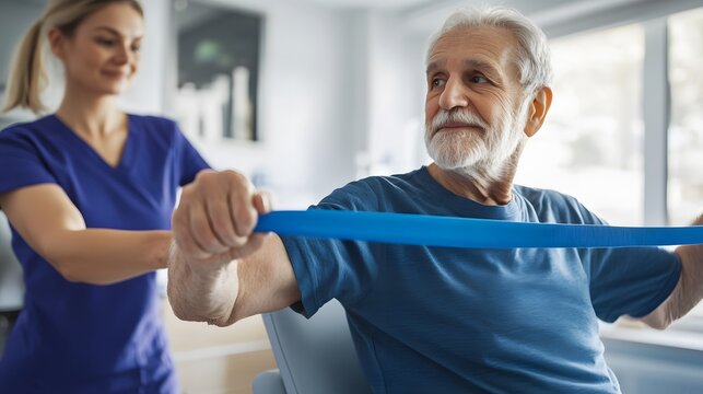 Elderly man receiving physical therapy with resistance bands.