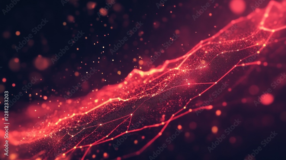 Poster abstract red network: glowing particles and lines