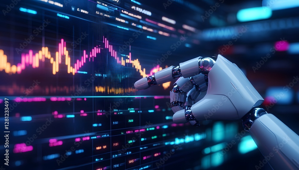 Poster futuristic robotic hand interacting with digital data graphs, symbolizing advanced technology and ar