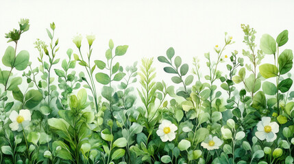 Fototapeta premium Fresh wallpaper showcasing hand-drawn herbs and flowers in muted greens on a crisp white background