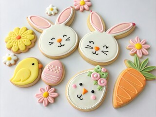 Cute Easter eggs and bunny shaped cookies with royal icing in pastel colors, homemade festive glazed biscuits, AI generated photo
