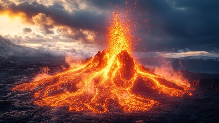 Fiery volcanic eruption at sunset, lava flowing down slopes, ash and smoke filling the sky.