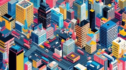 Obraz premium Vibrant isometric cityscape with colorful buildings and vehicles.