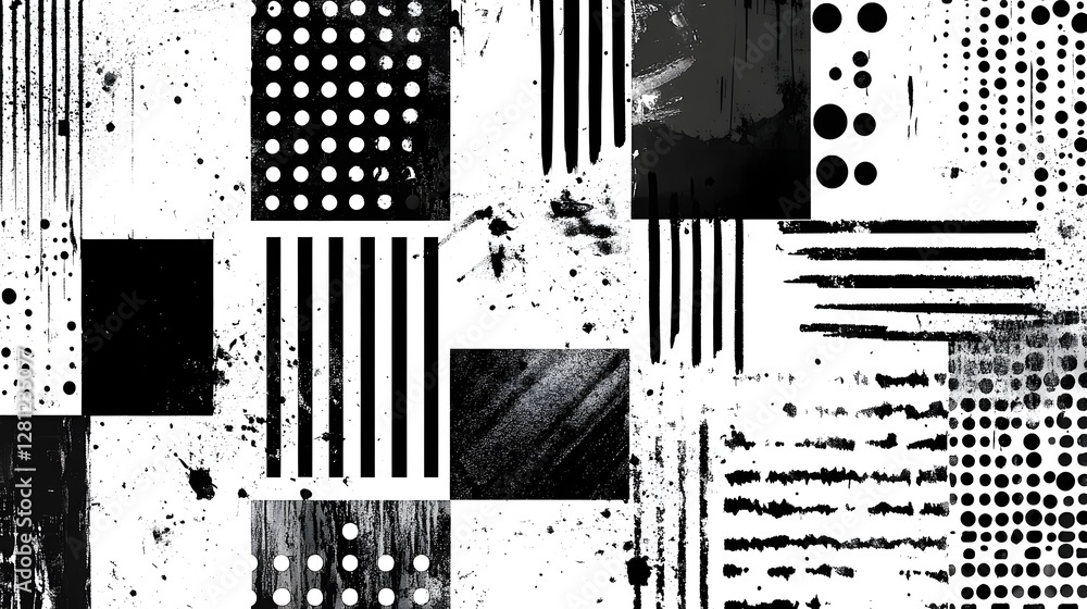 Poster Chaotic Monochrome Abstract Artwork with Overlapping Brush Strokes and Paint Splashes  Grunge Textured Expressionistic Digital Collage Background in Black and White Tones