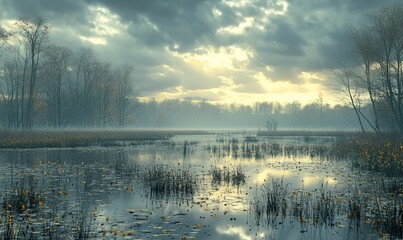 Misty autumn sunrise over tranquil swamp.