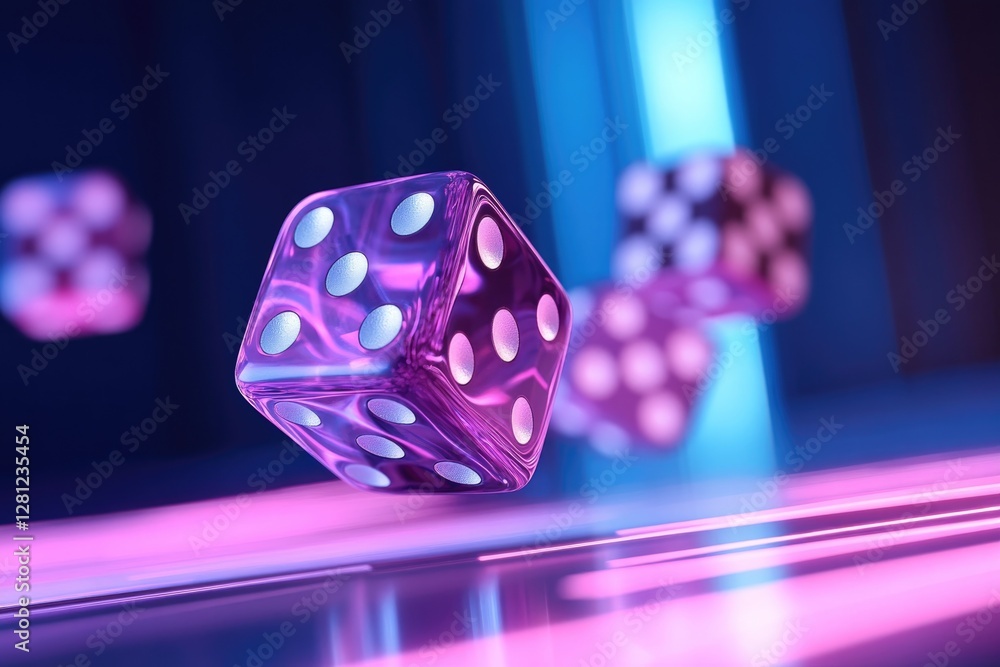 Poster bold creative image of dice rolling through glowing digital landscape with dynamic lighting and gene