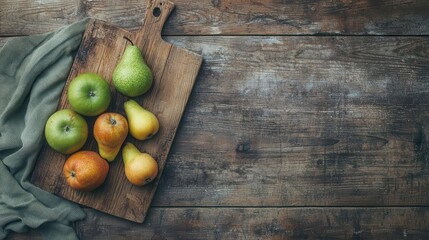 Rustic Wooden Board with Apples and Pears Autumn Harvest Concept