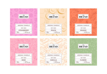 Vector set of labels for aroma candles with fruits and flower patterns. Sticker backgrounds for packaging. 