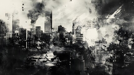 Obraz premium Chaotic urban cityscape with destroyed buildings and billowing smoke after a devastating disaster or war attack