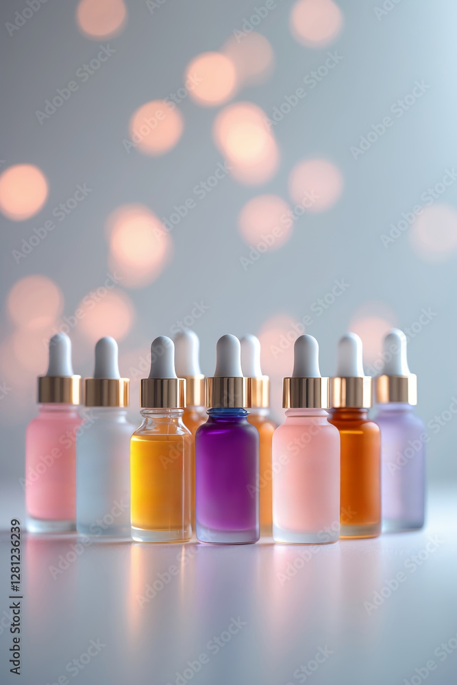 Poster various colorful glass dropper bottles arranged gracefully on a surface with soft bokeh lights in th
