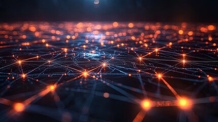 Futuristic technology landscape with glowing circuit paths, digital grids, and networked data points 