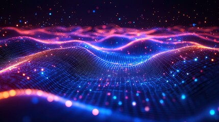 Futuristic technology landscape with glowing circuit paths, digital grids, and networked data points 
