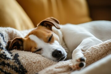 Fototapeta premium Charming Dog Sleeping Comfortably on a Cozy Blanket in a Warm Living Room Setting