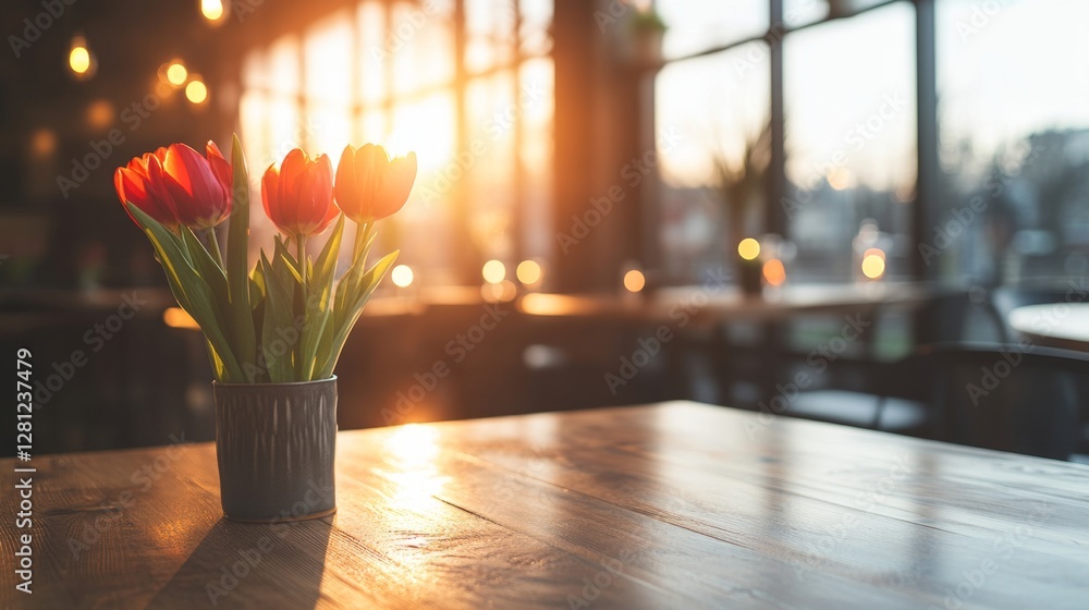 Poster a delightful bouquet of red and yellow tulips sits in a vase on a wooden table inside a warm, inviti